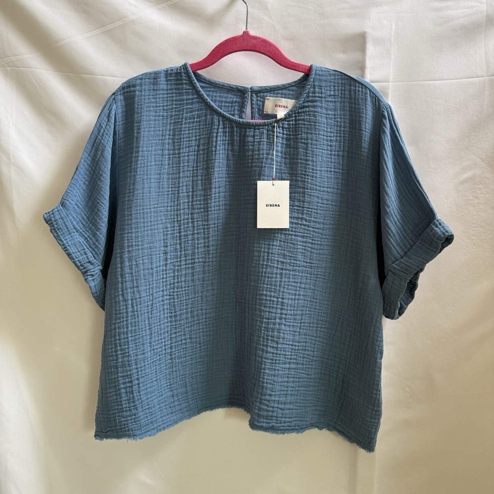 NWT Xirena Blouse Carson 100% White Cotton Crinkled Gauze Rolled Sleeve Size L